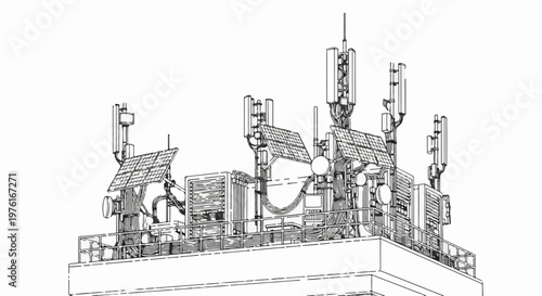 A detailed line drawing of a rooftop telecommunications tower complex