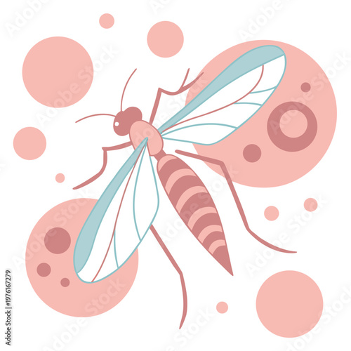 Minimalist mosquito vector art with geometric circles and abstract bubbles featuring soft pastel pink and teal colors for modern graphic projects.