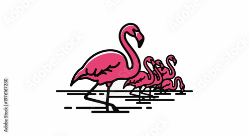 A group of stylized pink flamingos wading in shallow water