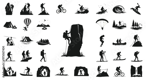 Iconic silhouettes of various outdoor and adventure activities depicted in black and white Vector