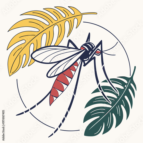 Mosquito vector illustration with red body and tropical leaves, perfect for health awareness materials and pest control advertisements.