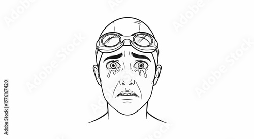 A close-up line drawing of a person in swim goggles and cap crying