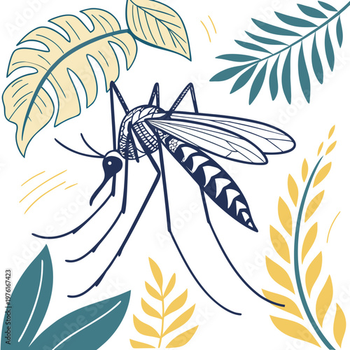 Mosquito vector illustration with abstract patterns and tropical foliage, ideal for educational content on insect-borne diseases and biology.