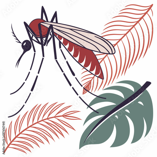Aedes mosquito vector illustration with tropical leaves background, perfect for dengue fever awareness, malaria prevention campaign material.
