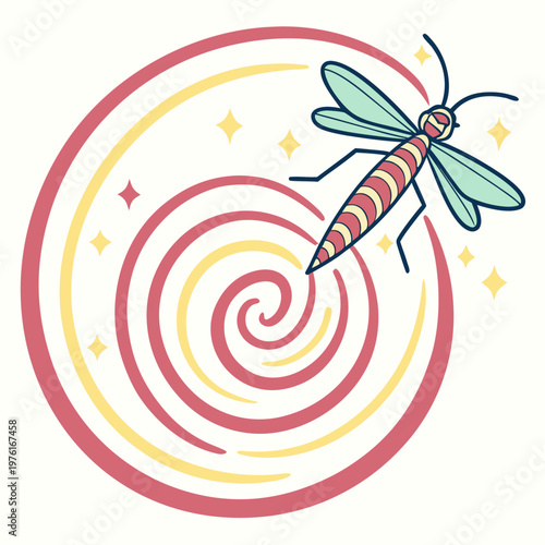 Mosquito insect flying around a spiral with sparkling stars, representing pest control and air freshness.