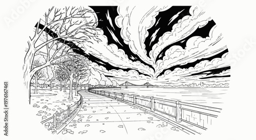 A cloudy sky looms over a park pathway beside a water body with a distant city skyline