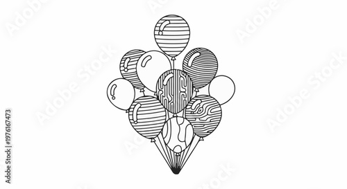 A cluster of assorted patterned balloons tied together