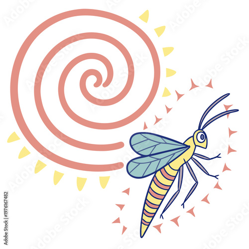 Mosquito insect with spiral pattern and sun rays, representing insect repellent or natural pest control concept.