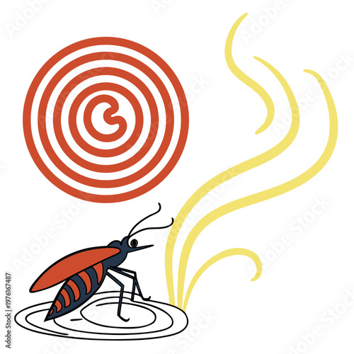 Mosquito sitting on white surface near orange spiral coil and yellow smoke cloud for insect repellent concept vector illustration on white backdrop.