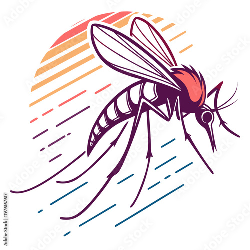 Mosquito in flight with retro sunset background and speed lines insect pest symbol disease carrier airborne danger warning danger symbol vector illustration.
