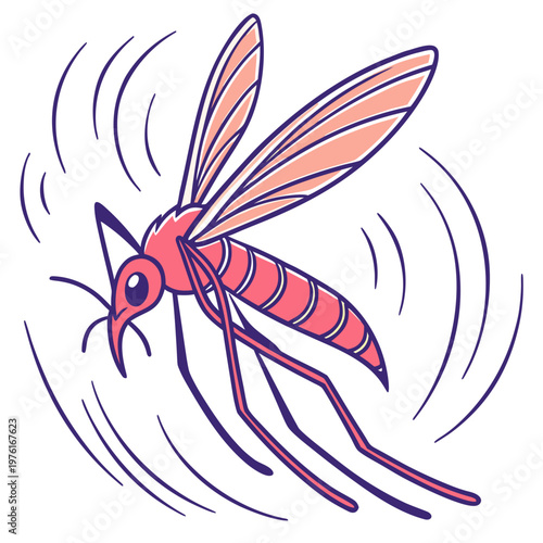Mosquito flying with sound waves around it insect pest symbol disease carrier airborne danger warning danger symbol small flying insect with striped body and wings vector illustration.