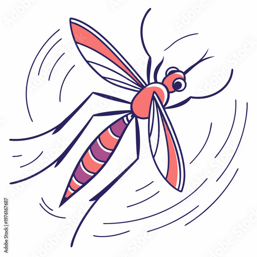 Illustration of stylized flying mosquito with colorful red and purple body segments and wide wings used for medical concepts or summer pest designs.