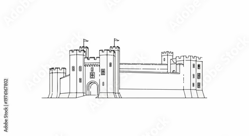 A detailed sketch of a fortified castle, showcasing its gatehouse and crenellated walls