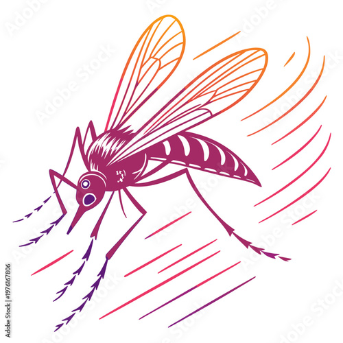 Energetic mosquito in motion, rendered with vibrant magenta and orange hues, accented by dynamic speed lines.
