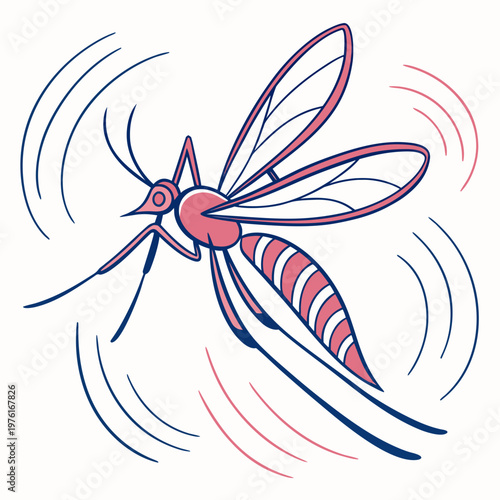 Cartoon mosquito illustration showing front view flight with curved motion lines and pink striped body design in a clean minimalist vector style art.