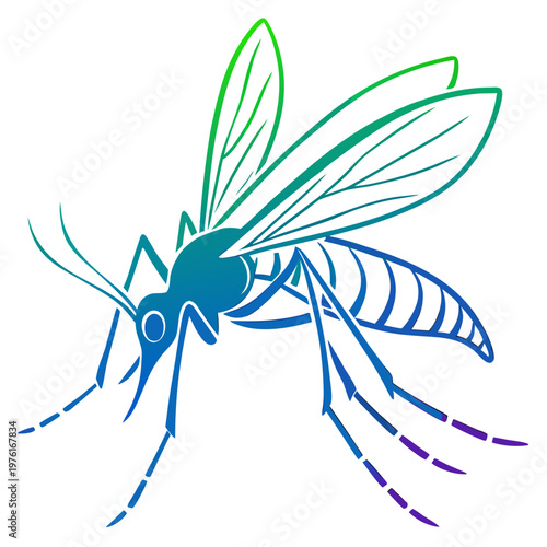 Detailed mosquito outline illustration in striking green to blue gradient, showcasing its slender body and articulated legs.