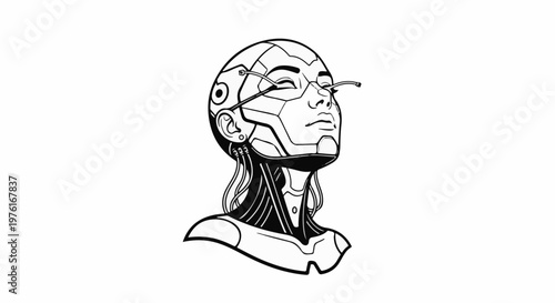 A black and white illustration of a cyborg head looking upwards