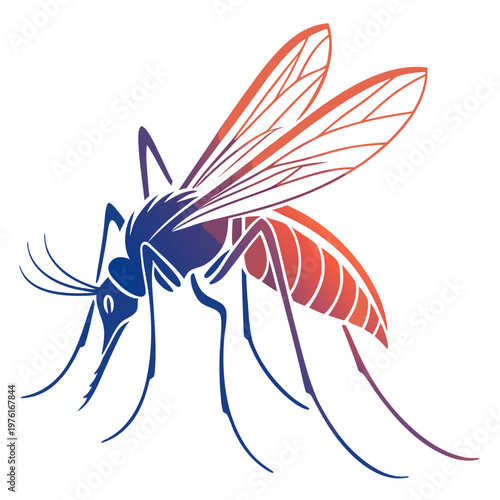 Abstract mosquito illustration with dynamic blue to red gradient, showcasing its distinct body segments and delicate wings.