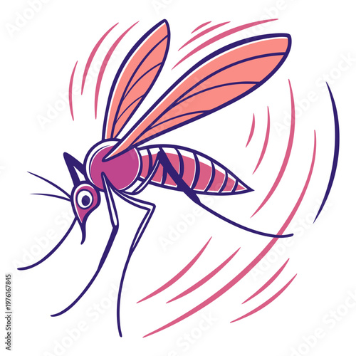 Vibrant mosquito in flight, depicted with bold pink and purple hues and swirling motion lines indicating rapid movement.