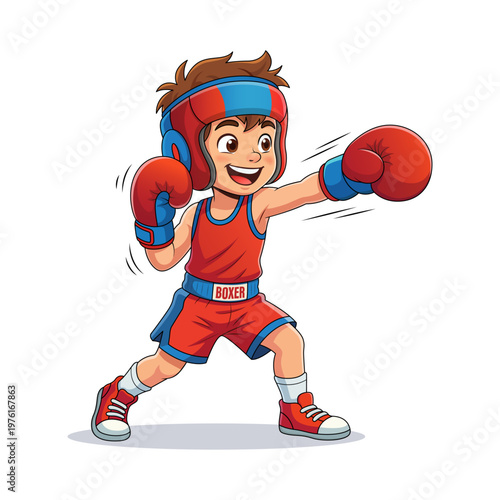 Young Boy Boxer in Red Uniform and Protective Headgear Throwing a Punch, Cartoon Vector Illustration