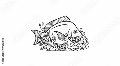 A black and white illustration of a fish nestled among coral formations on the ocean floor