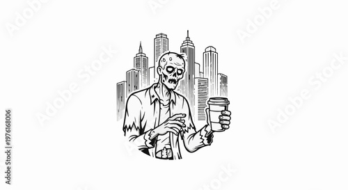 A distressed zombie holds a coffee cup with a city skyline backdrop