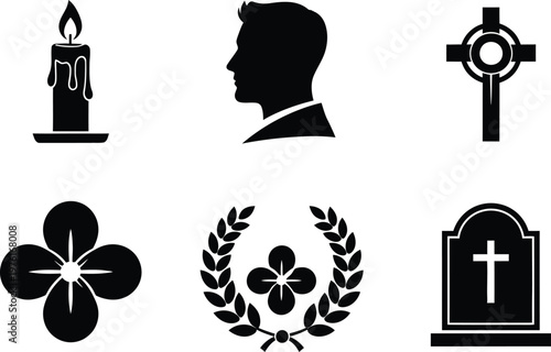 Symbols of death and remembrance in black silhouette