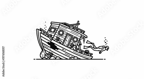 A diver explores a sunken, dilapidated wooden vessel resting on the seabed