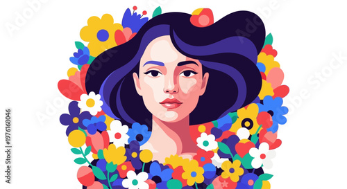 Woman with dark hair and flowers.