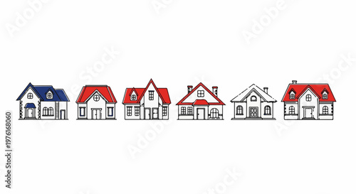 A diverse row of charming houses with red and blue roofs