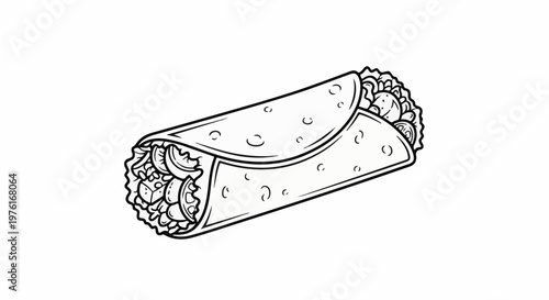 A hand-drawn line art illustration of a filled tortilla wrap