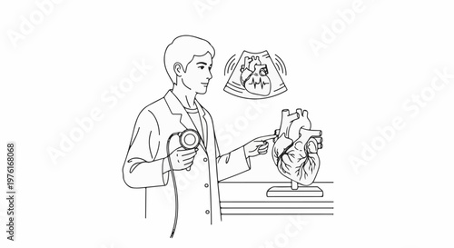 A doctor examines a heart model with a stethoscope and an ultrasound