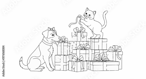 A dog and cat are playfully interacting with a pile of wrapped presents