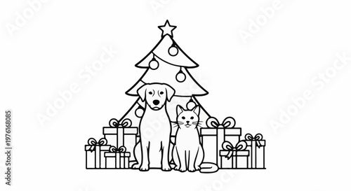 A dog and cat sit by a decorated Christmas tree surrounded by presents
