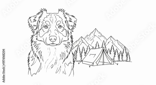 A dog's portrait in nature with a tent and mountains