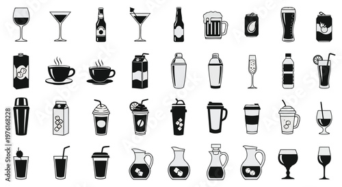 Iconic illustrations of various beverages and drink containers Vector