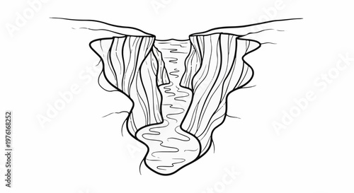 A dramatic, ink-drawn canyon with a winding river flowing at its base