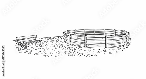 A hand-drawn park scene features a wooden bench next to a circular wooden enclosure