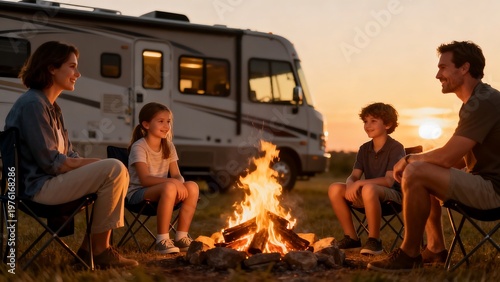 Family camping by fire at sunset