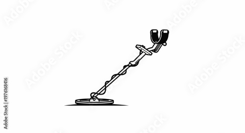 A black and white illustration of a metal detector on a white background