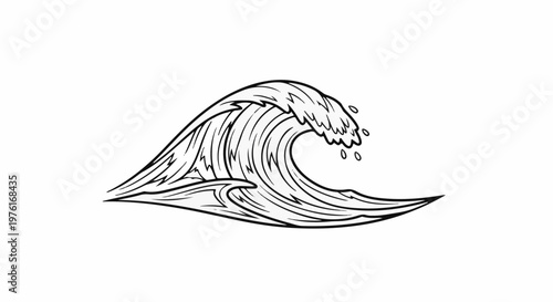 A dynamic black and white line drawing of a breaking ocean wave