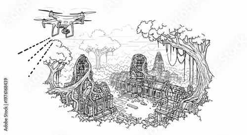 A drone surveys ancient ruins overgrown with jungle vegetation