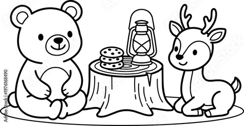 Black and white line art bear and deer having picnic with cookies and lantern on stump