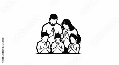 A family of five bows their heads in prayer, showing unity and devotion