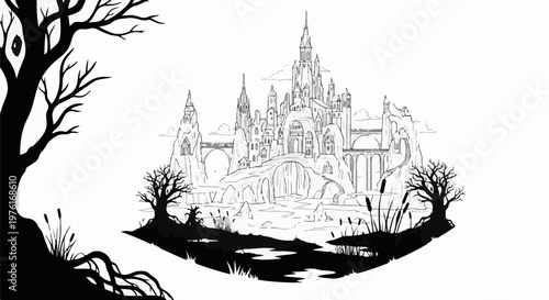 A fantasy castle rises from rocky terrain with a waterfall, trees, and a dark foreground