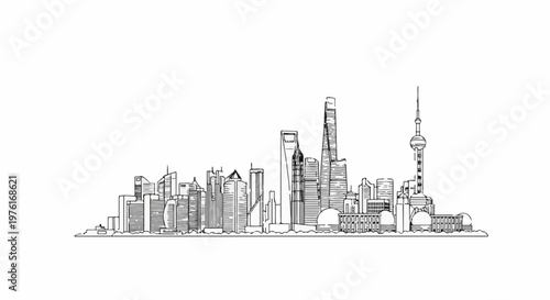 A hand-drawn sketch of a dense city skyline with varied modern architectural structures