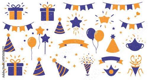 Birthday party elements set with candles hats and balloons vector illustration collection