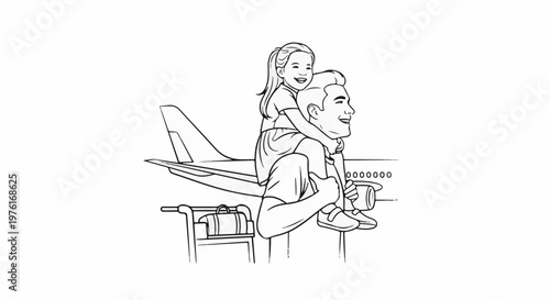 A father carries his daughter on his shoulders near an airplane and luggage