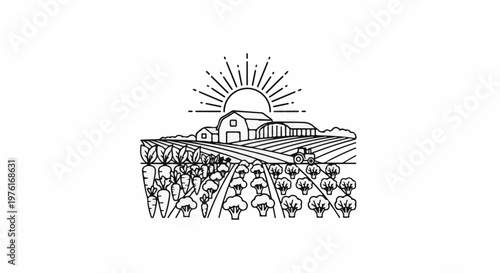 A farm scene with a barn, tractor, and rows of fresh vegetables under the sun
