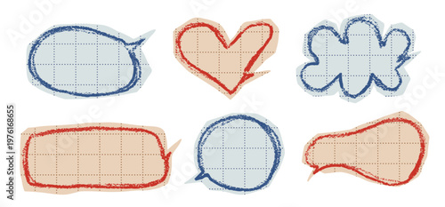 Set of cut paper speech bubble with hand drawn crayon frame